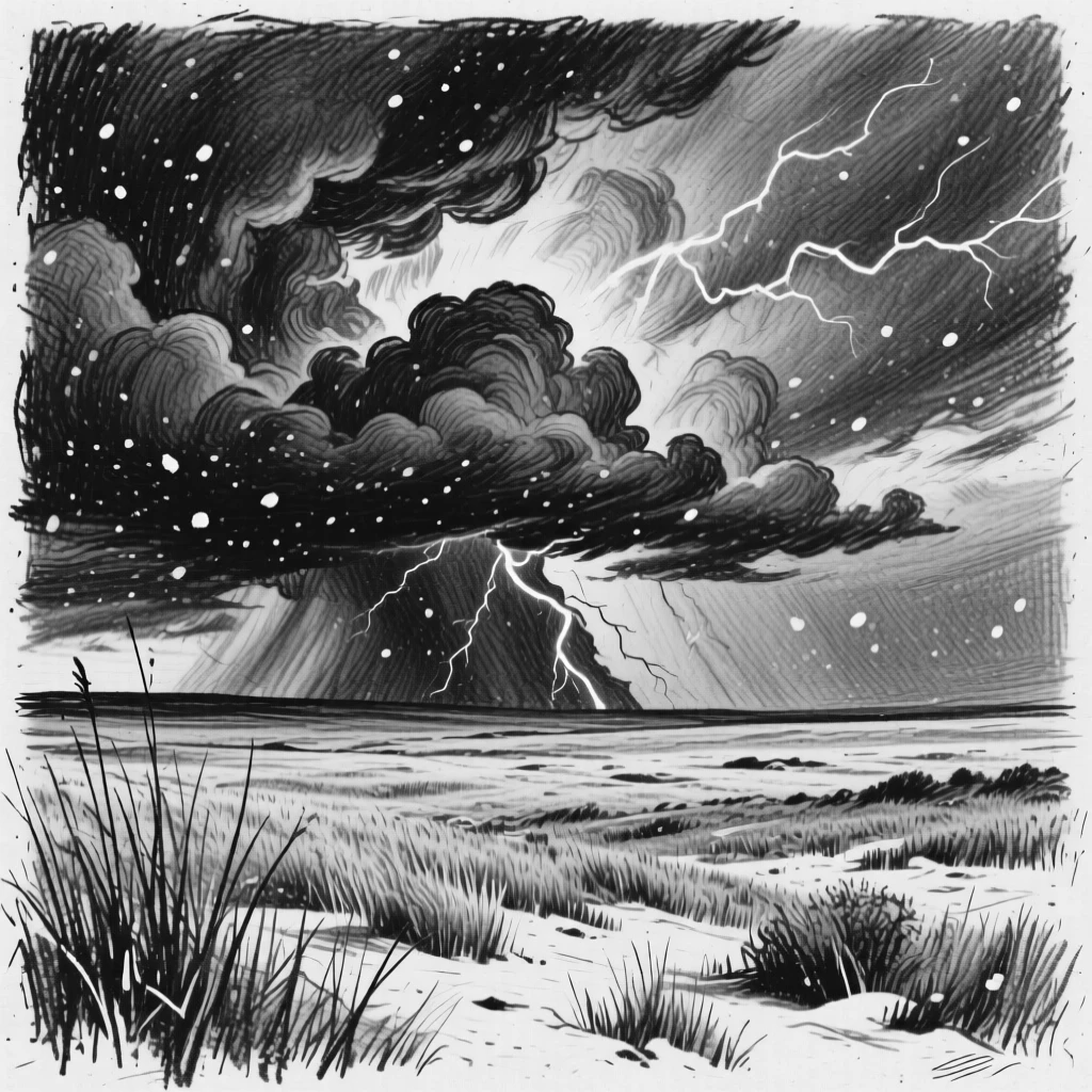 A dramatic thunderstorm rolling over open plains as a light snow begins to fall.