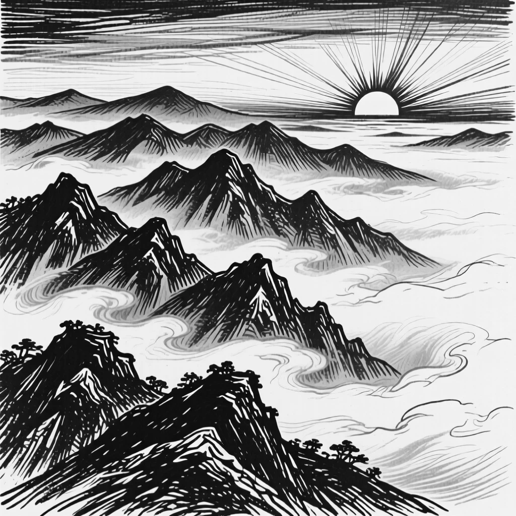 A dramatic sunrise breaking over layered mountain ridges shrouded in fog.