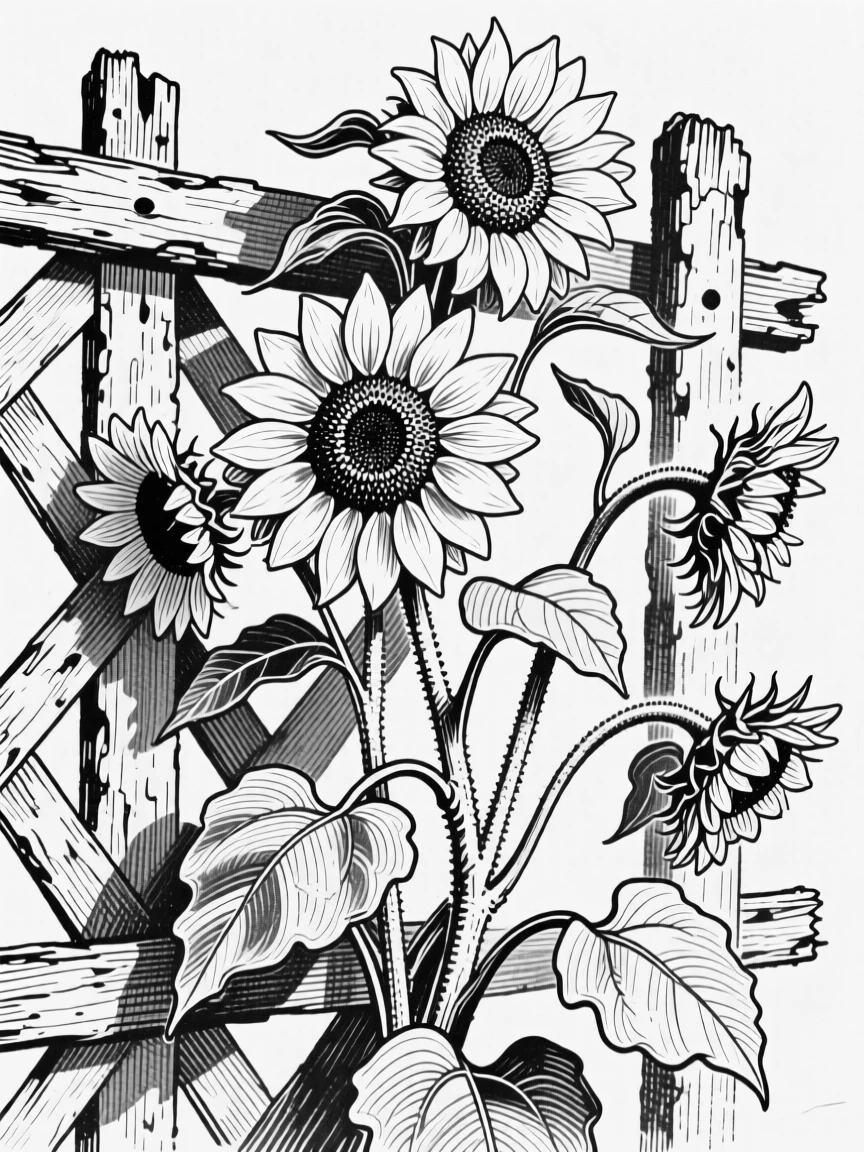 A cluster of sunflowers climbing up a weathered trellis, with stems bending gracefully under their own weight, composed in a full of quiet beauty still-life arrangement.