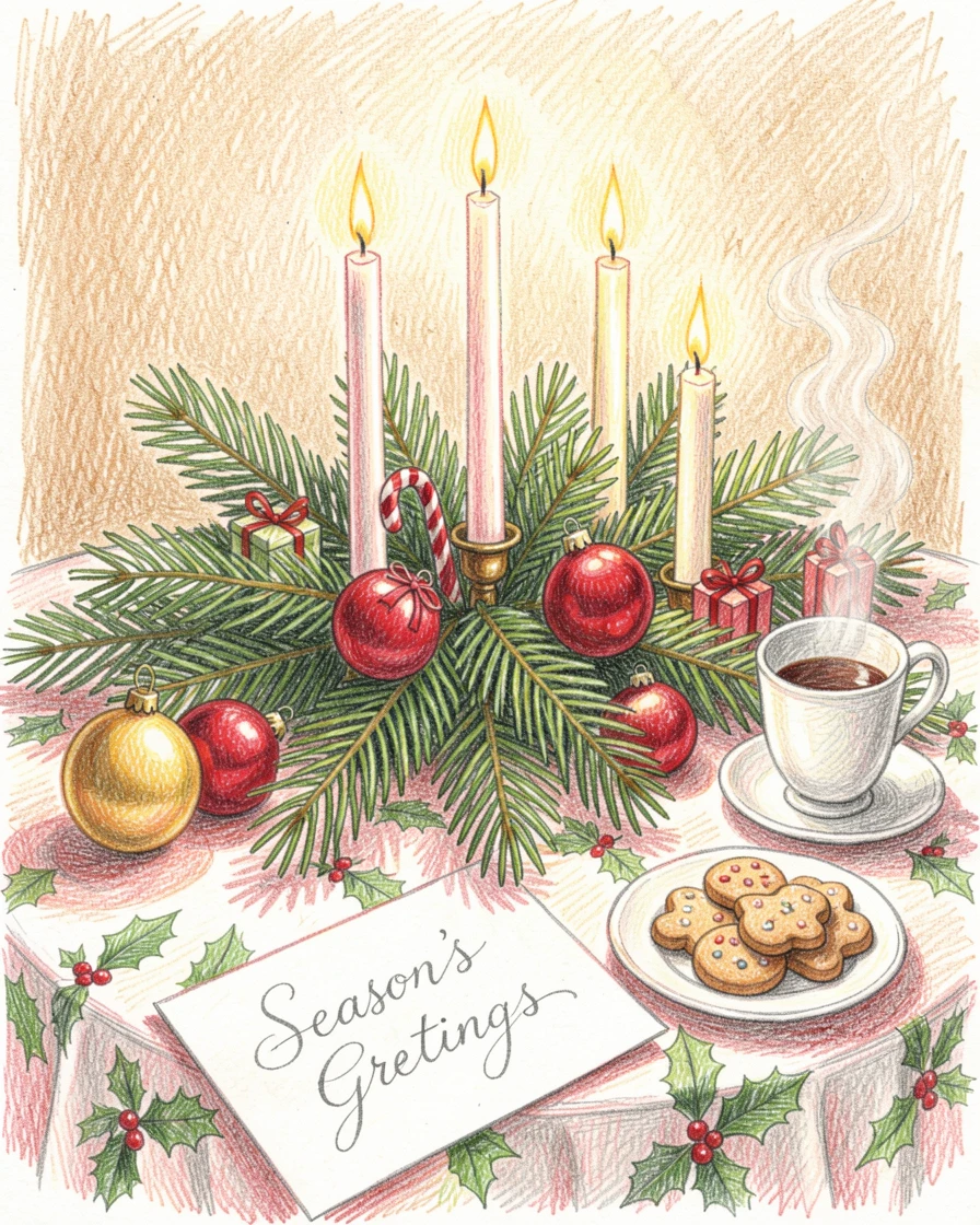 A festive holiday table set with candles, pine branches, and ornaments, filled with joyful, familiar holiday details, capturing the magic of cherished seasonal traditions.