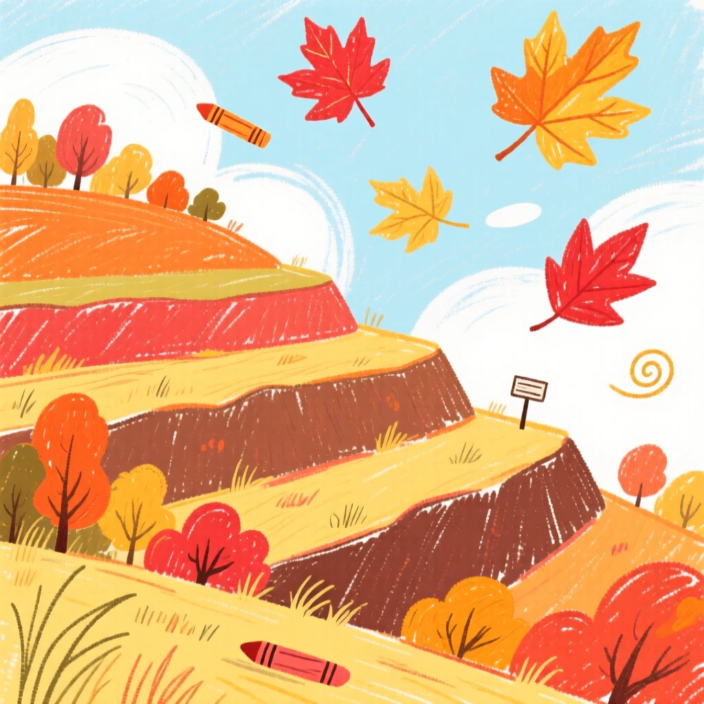 A view of a terraced hillside surrounded by drifting autumn leaves.