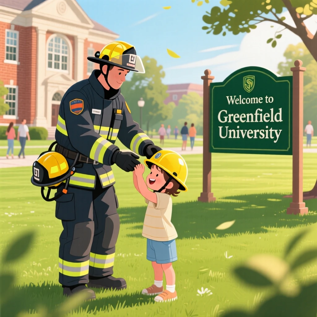 A firefighter helping a small child put on a safety helmet, on a sunny university campus lawn, composed with gentle motion blur suggesting playful movement, with a sense of warmth and togetherness in every detail.