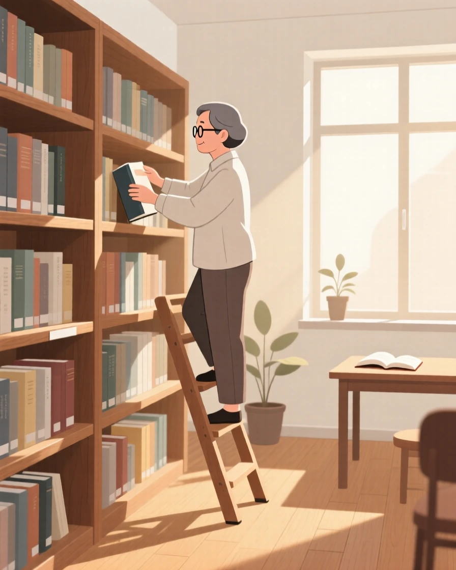 A librarian organizing shelves of books in a quiet, sunlit library.