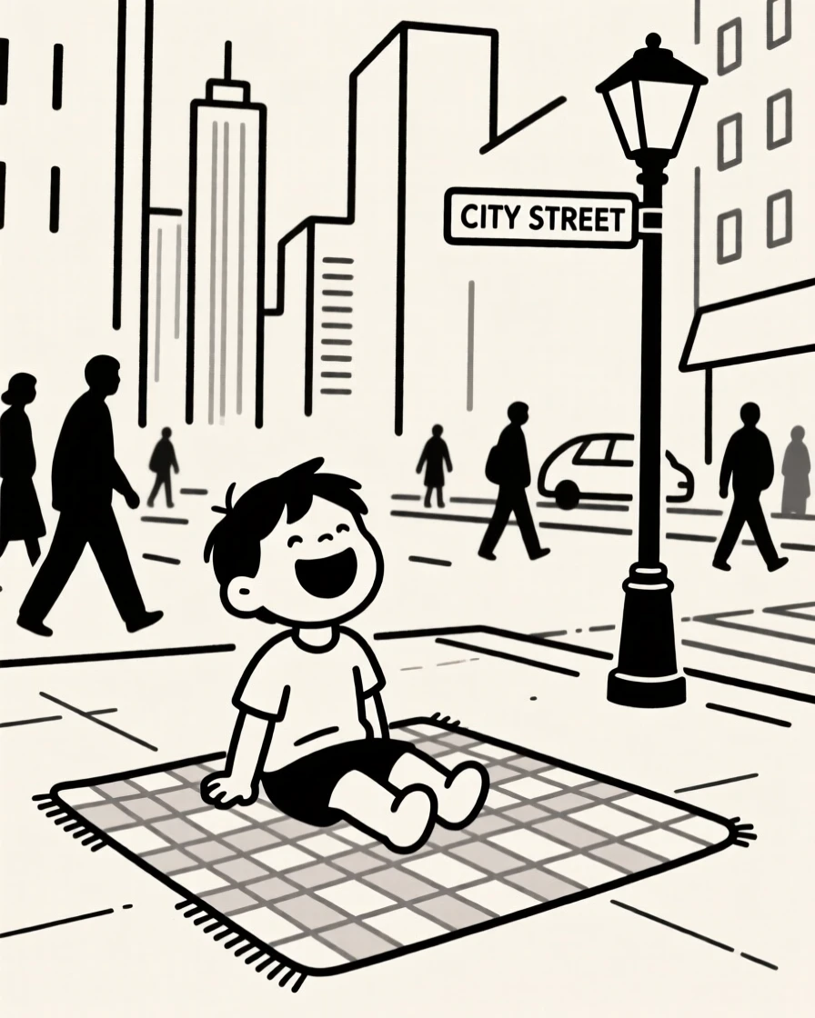 A child laughing together in a bustling city street, surrounded by a woven picnic blanket, conveying warm connection.