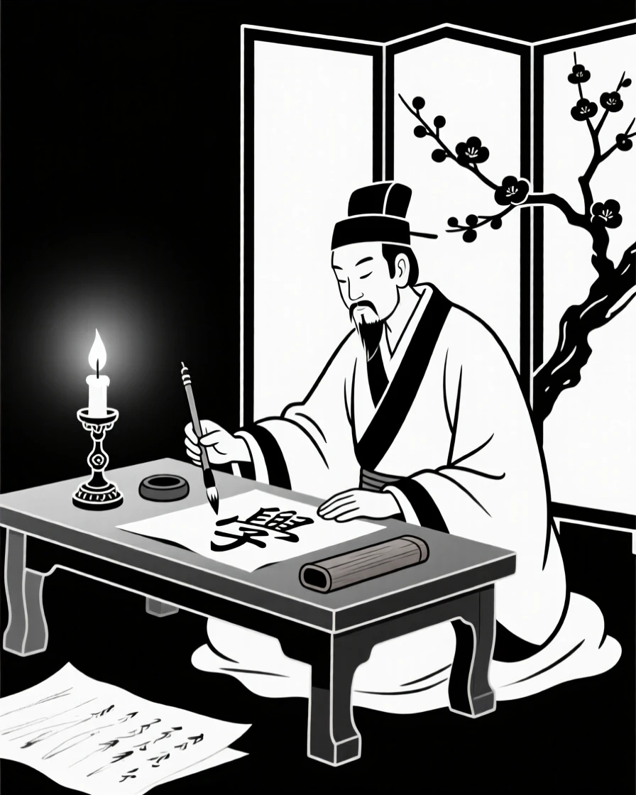 An ancient Chinese scholar writing calligraphy by candlelight.