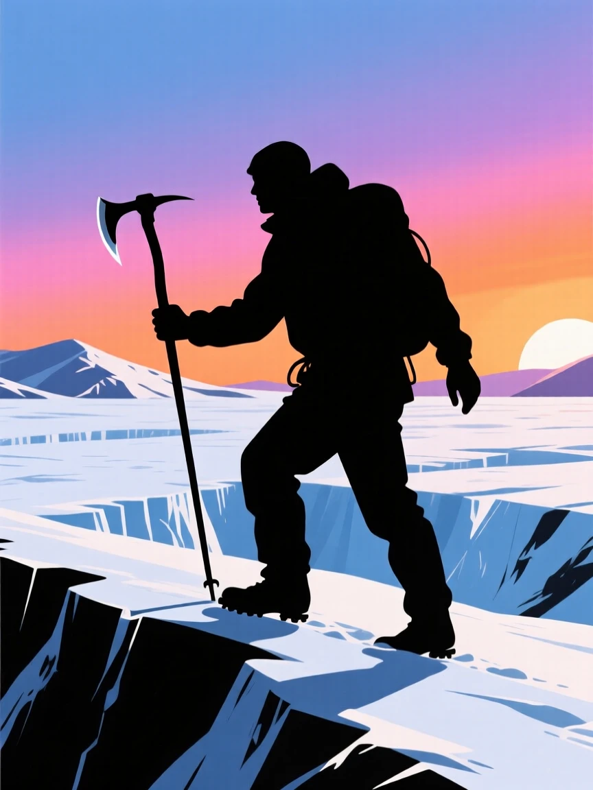 A lone explorer trekking across a snow-covered glacier, ice axe in hand.