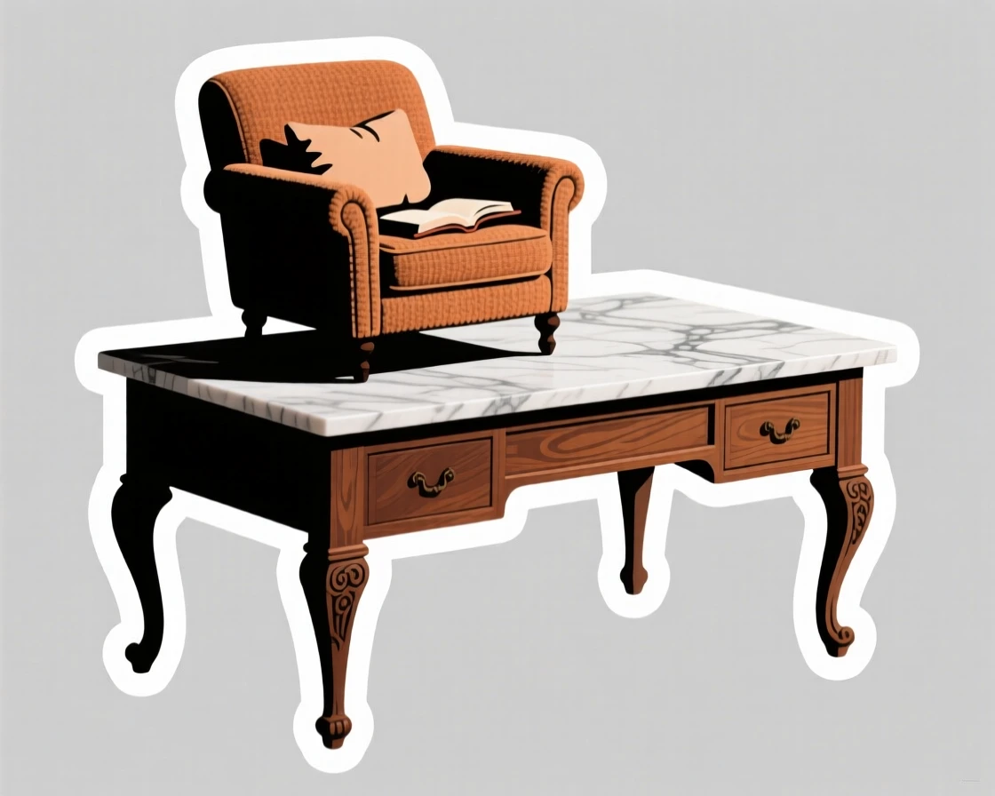 A homely cozy reading nook chair, sitting on a marble countertop, on a vintage wooden desk.