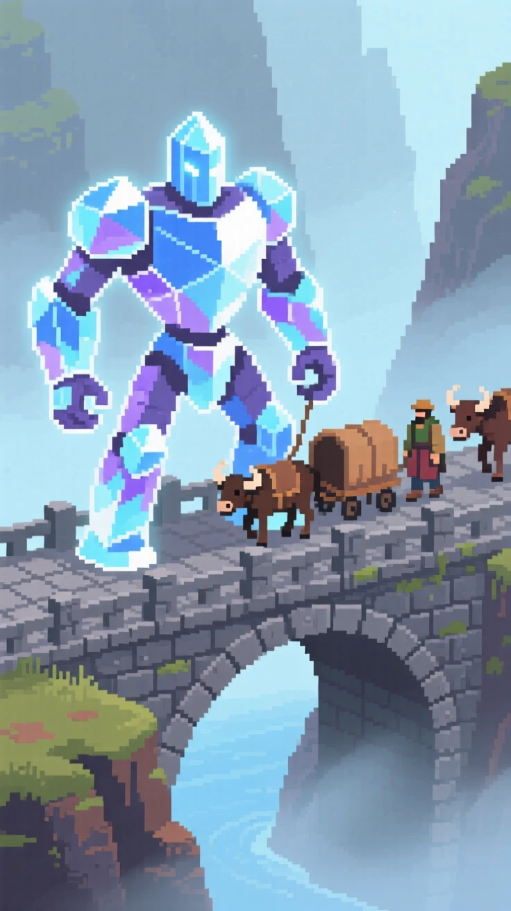 A crystal golem glowing from within leading a caravan through a misty pass, on a stone bridge over a misty ravine.
