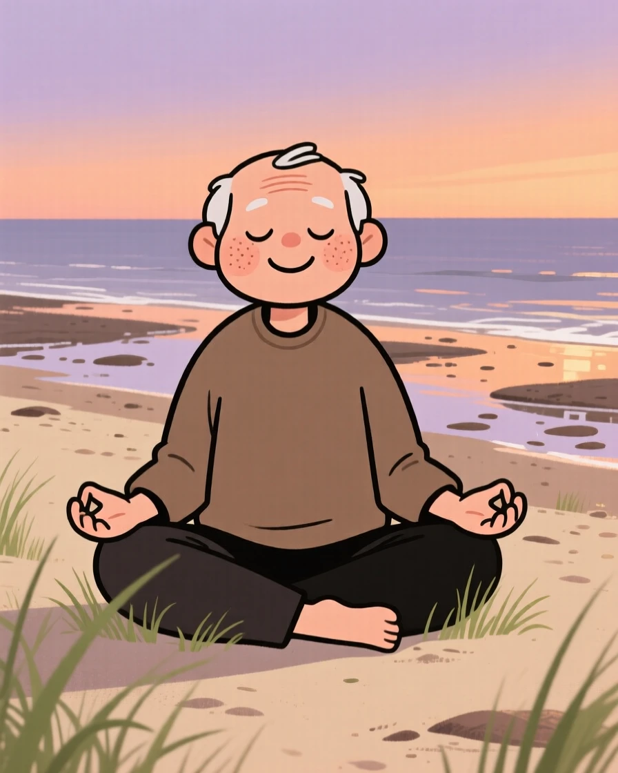 A elderly man practices quiet meditation on a quiet beach at low tide at dusk, breathing slowly as rustling grass surrounds them.