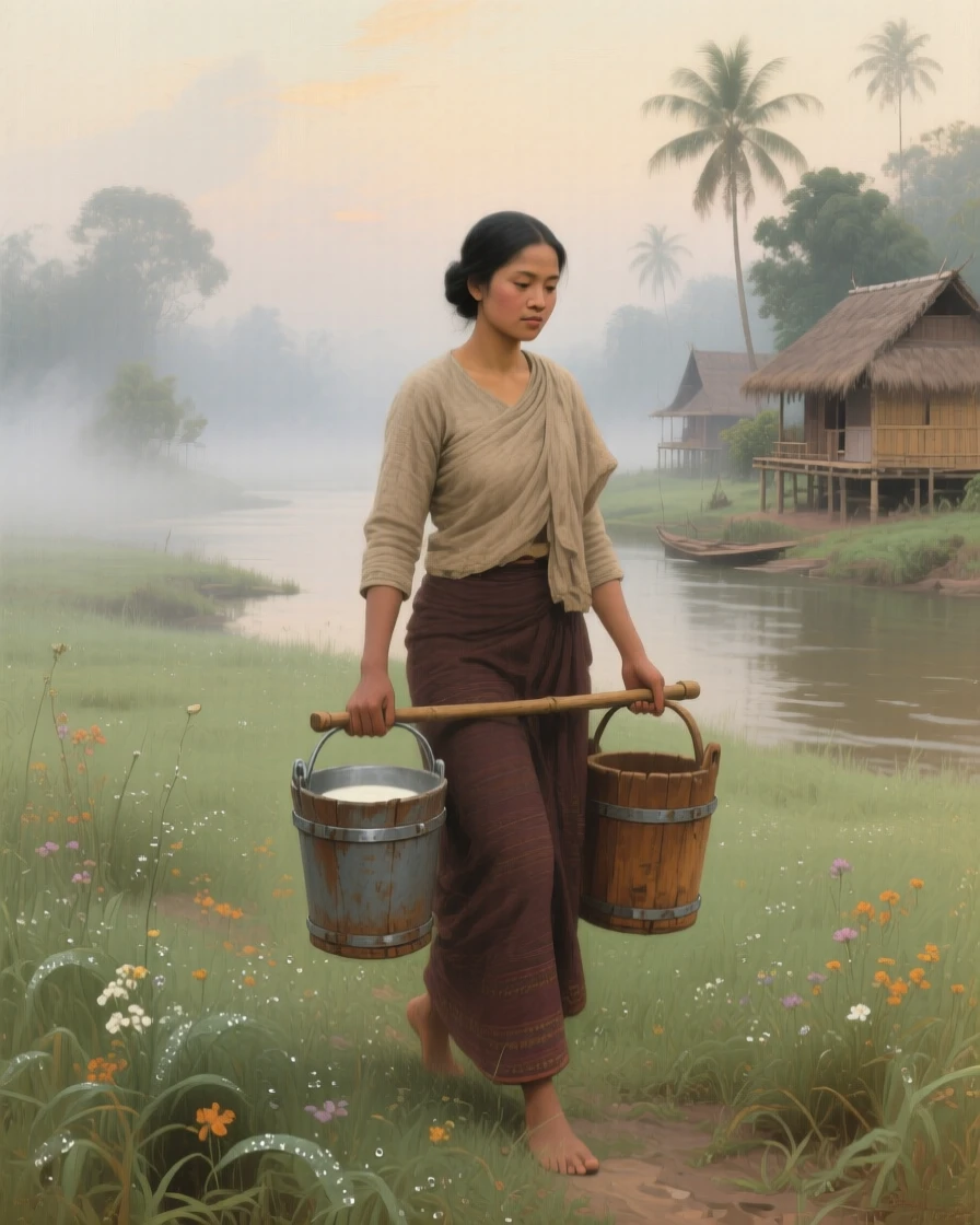 A balanced composition of a milkmaid carrying pails across a misty pasture, in a Thai river village, in medieval times.