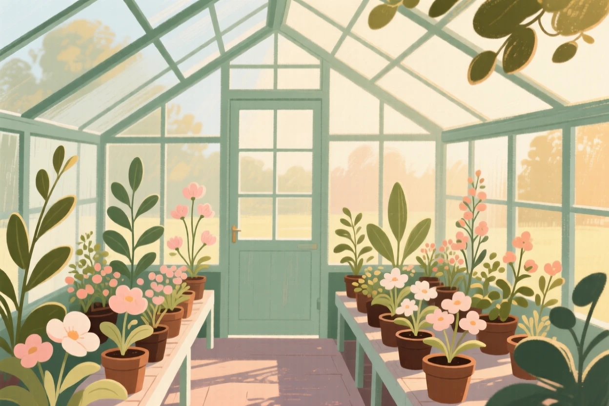 A cottage greenhouse filled with rows of blooming plants
