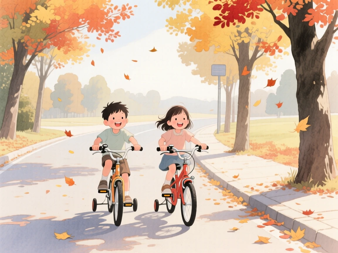 Two kids ride bicycles down a tree-lined street, training wheels wobbling, autumn leaves falling around them