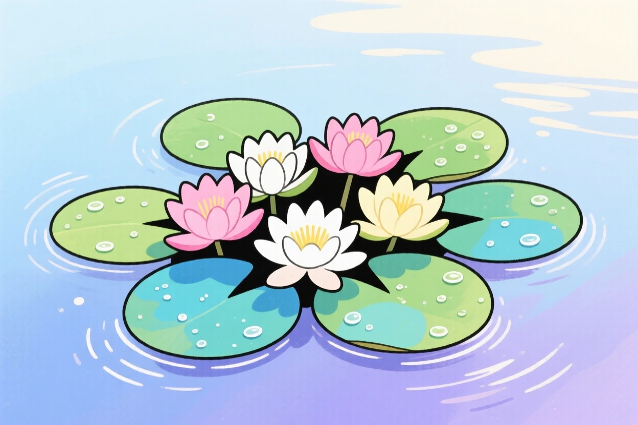 A cluster of water lilies floating on a pond glistening with morning dew.