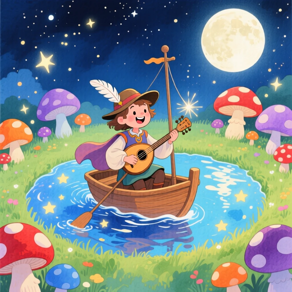 A wandering bard sailing a ship through a sea of stars, in a moonlit meadow ringed with mushroom circles, sparking childlike imagination and awe.