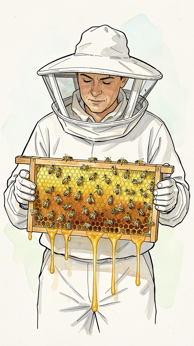 A beekeeper checking a hive frame covered in bees and dripping honeycomb