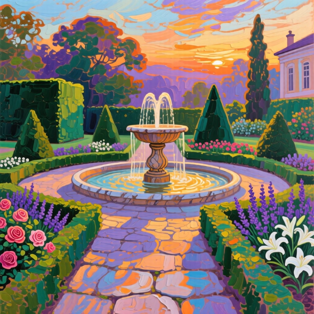 a formal garden with a fountain and clipped hedges, in the last light before evening, composed along a natural leading line.