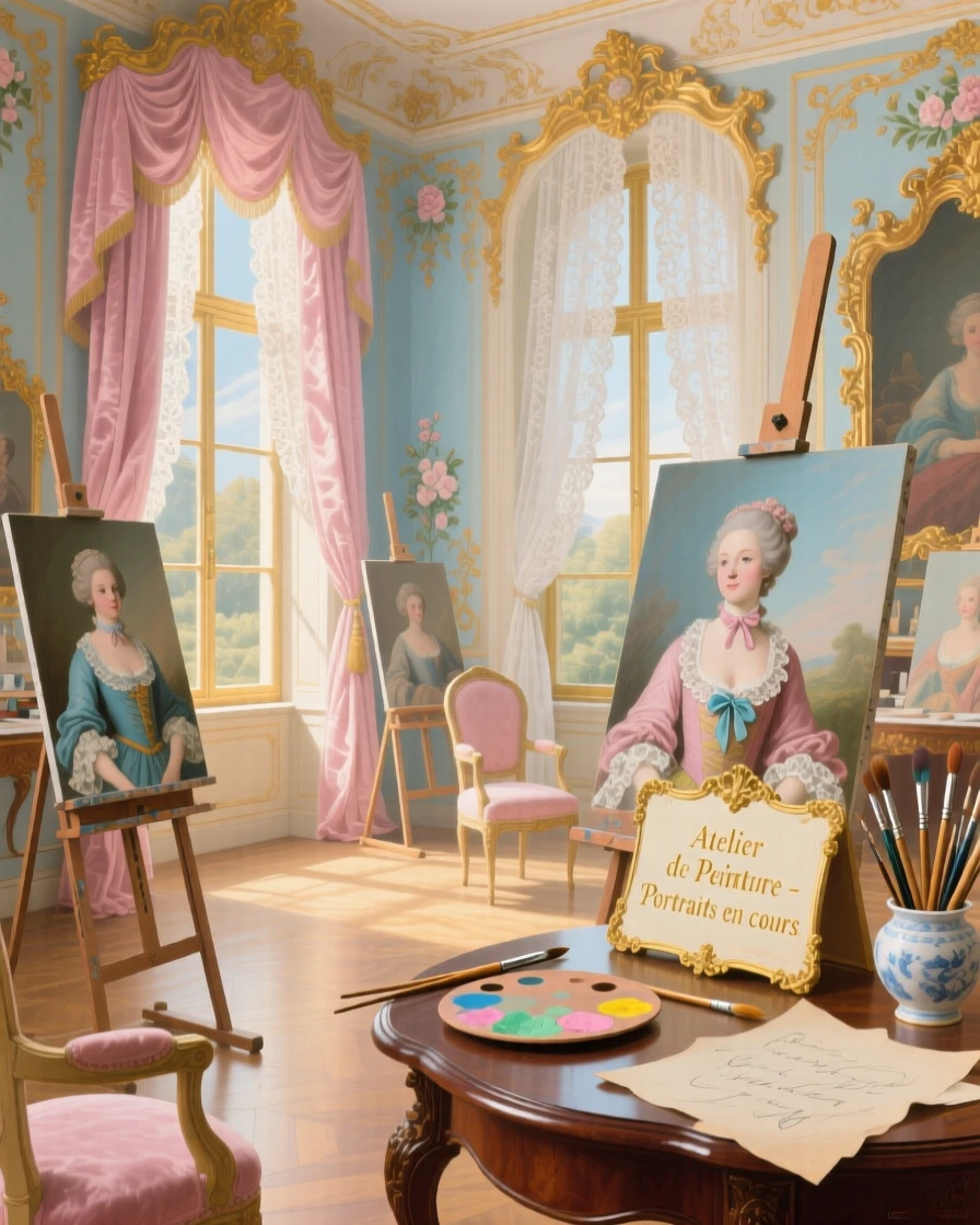 A palace art studio with unfinished portraits, easels, and sunlight from high windows  