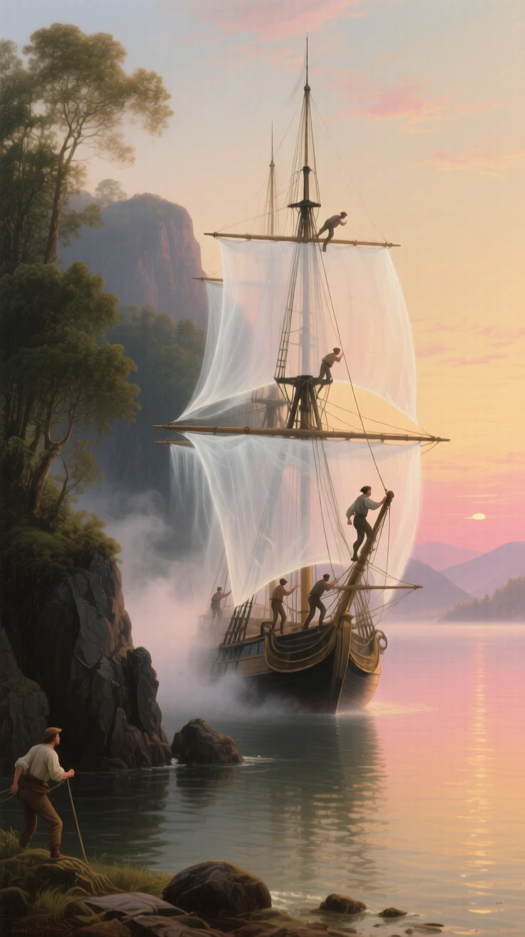 A ghostly ship glides across a quiet cove at first light as sailors climb the rigging.