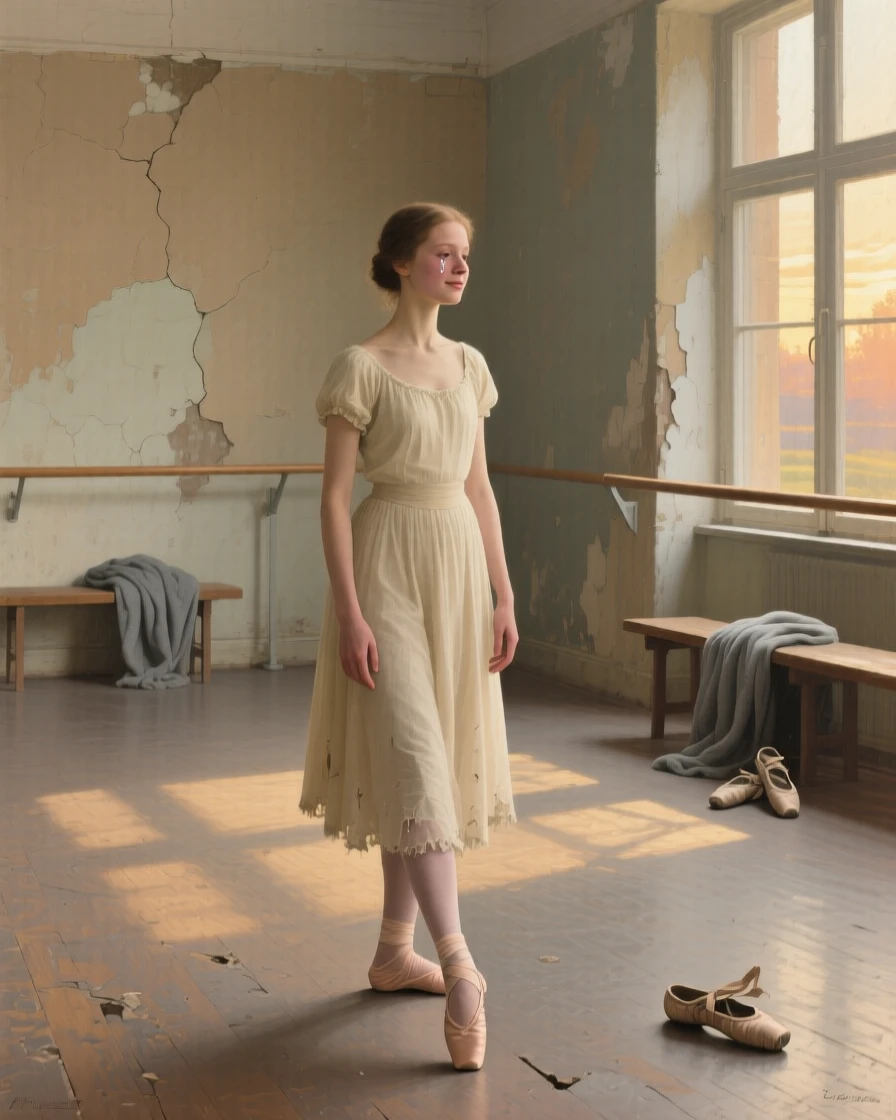 A young dancer practicing alone in an empty studio at sunrise, as a single tear or smile reveals the depth of feeling, designed to resonate emotionally with viewers of any background