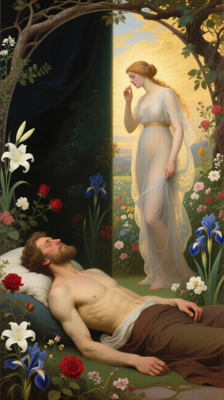 The muse of poetry whispering inspiration to a sleeping artist at the threshold between the mortal and the eternal, set within a garden where every bloom carries hidden meaning, with contrasting elements of darkness and radiance framing the scene; contrasting light and shadow divide the canvas into meaningful halves, radiating timeless wisdom and moral clarity.