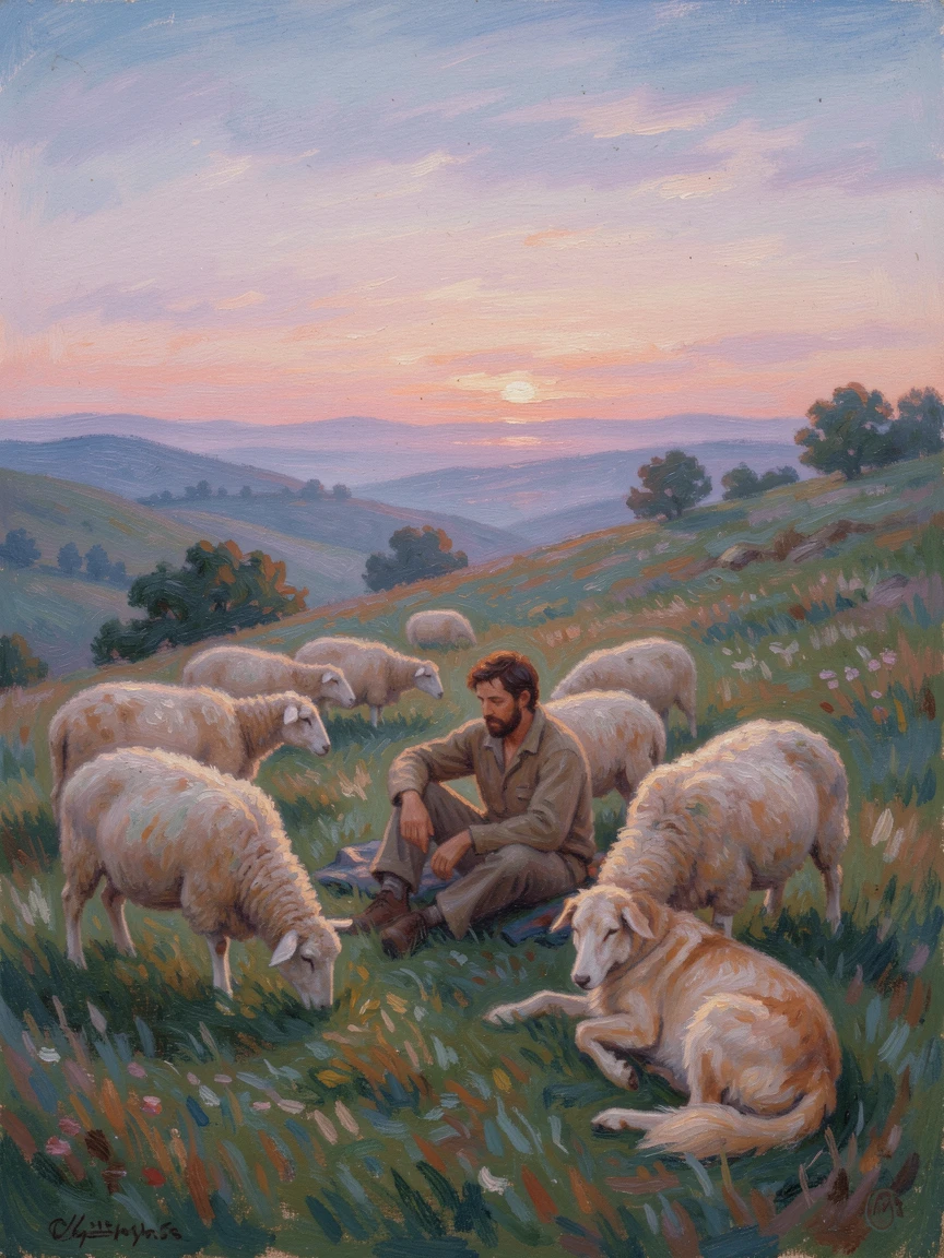 A shepherd resting among his flock on a hillside at dusk, a faithful dog curled beside him.
