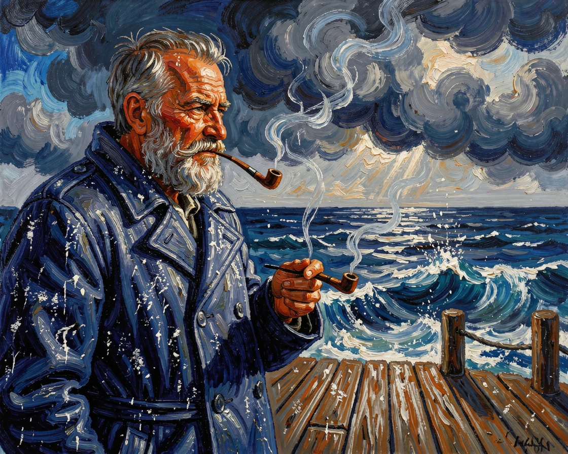 A weathered sailor gazing out at the horizon, pipe in hand, salt spray on his coat.