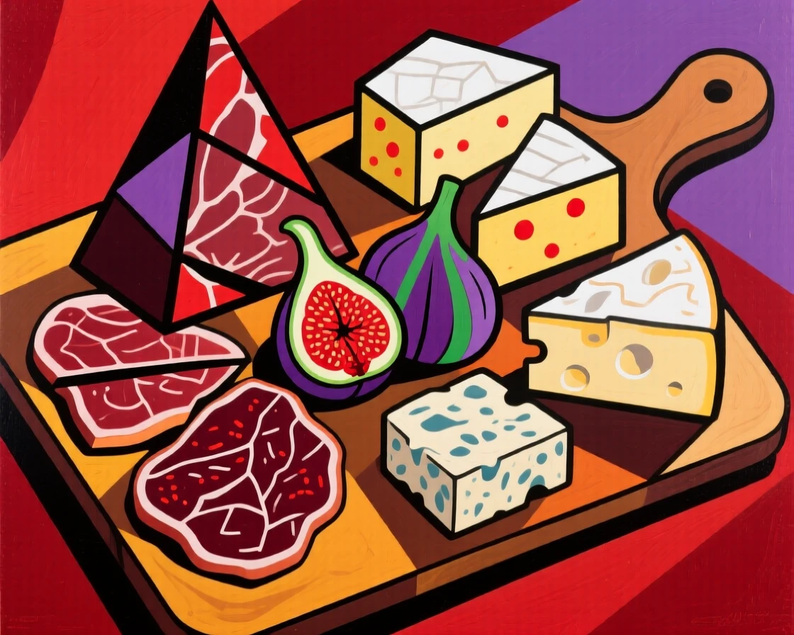 A charcuterie board arranged with cured meats, cheeses, and fresh figs.