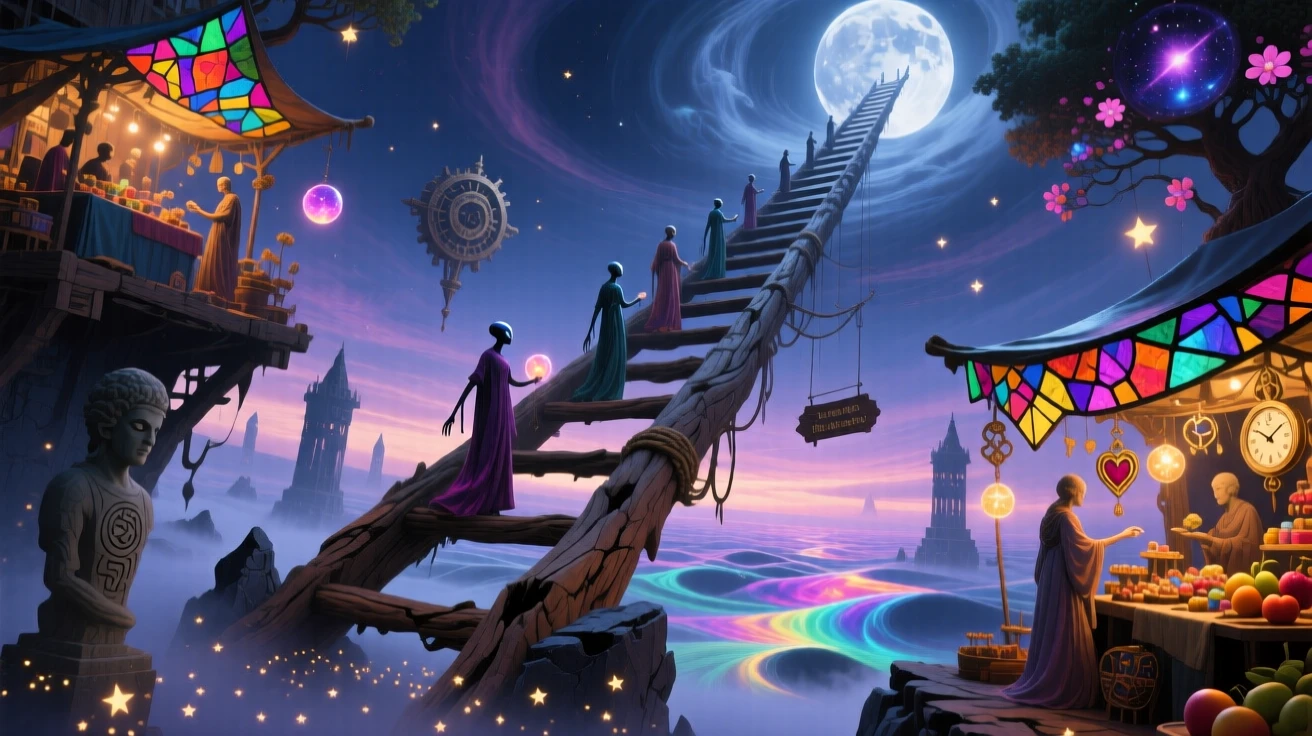A marketplace built across the rungs of a giant ladder rises from a sea of drifting fog, and stars seem to nest between its stones.