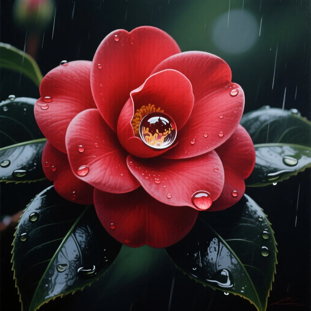 A close-up of a red camellia blossom shows waxy, perfectly symmetrical petals against dark glossy leaves, a single raindrop resting on its surface, the composition balancing a wide sweeping view with intimate, carefully observed foreground detail.