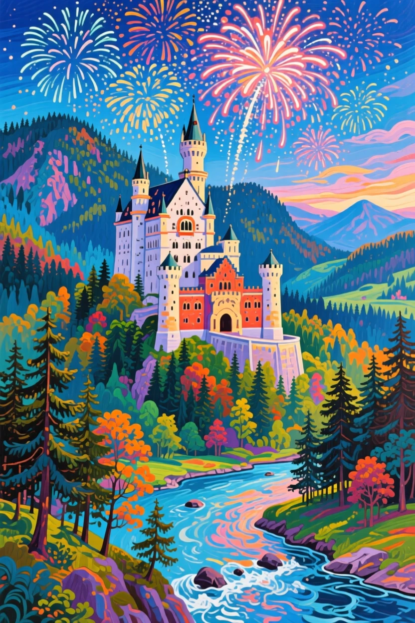 Neuschwanstein Castle perched above a pine forest valley, as fireworks burst overhead, a river winding through the foreground
