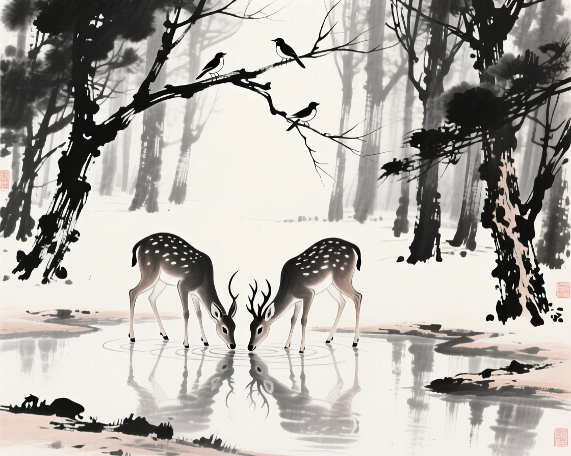 A pair of deer drink from a still forest pool, while birds call from the surrounding branches.