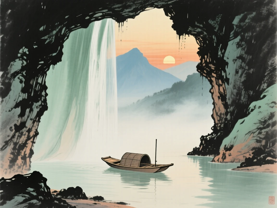 A hidden grotto behind a curtain of falling water, where a small wooden boat drifts silently on the water, conveying a deep sense of harmony with nature, as the sun sets behind distant peaks.