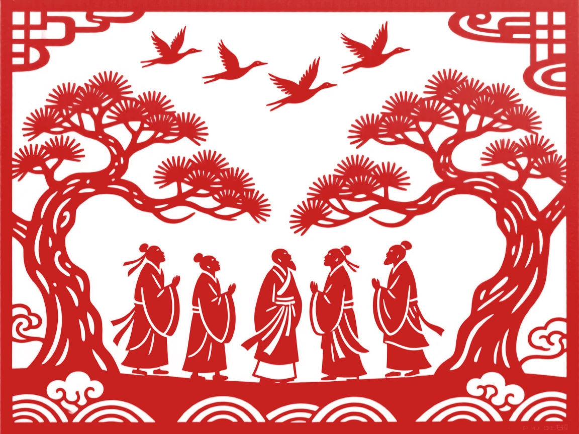 A composition of a group of pilgrims beneath ancient pine trees, wild geese flying in formation overhead.