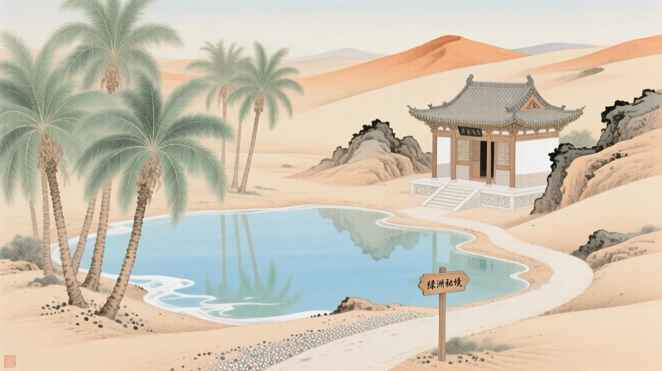 A desert oasis with palm trees and clear water, a narrow path winding up toward a hidden temple