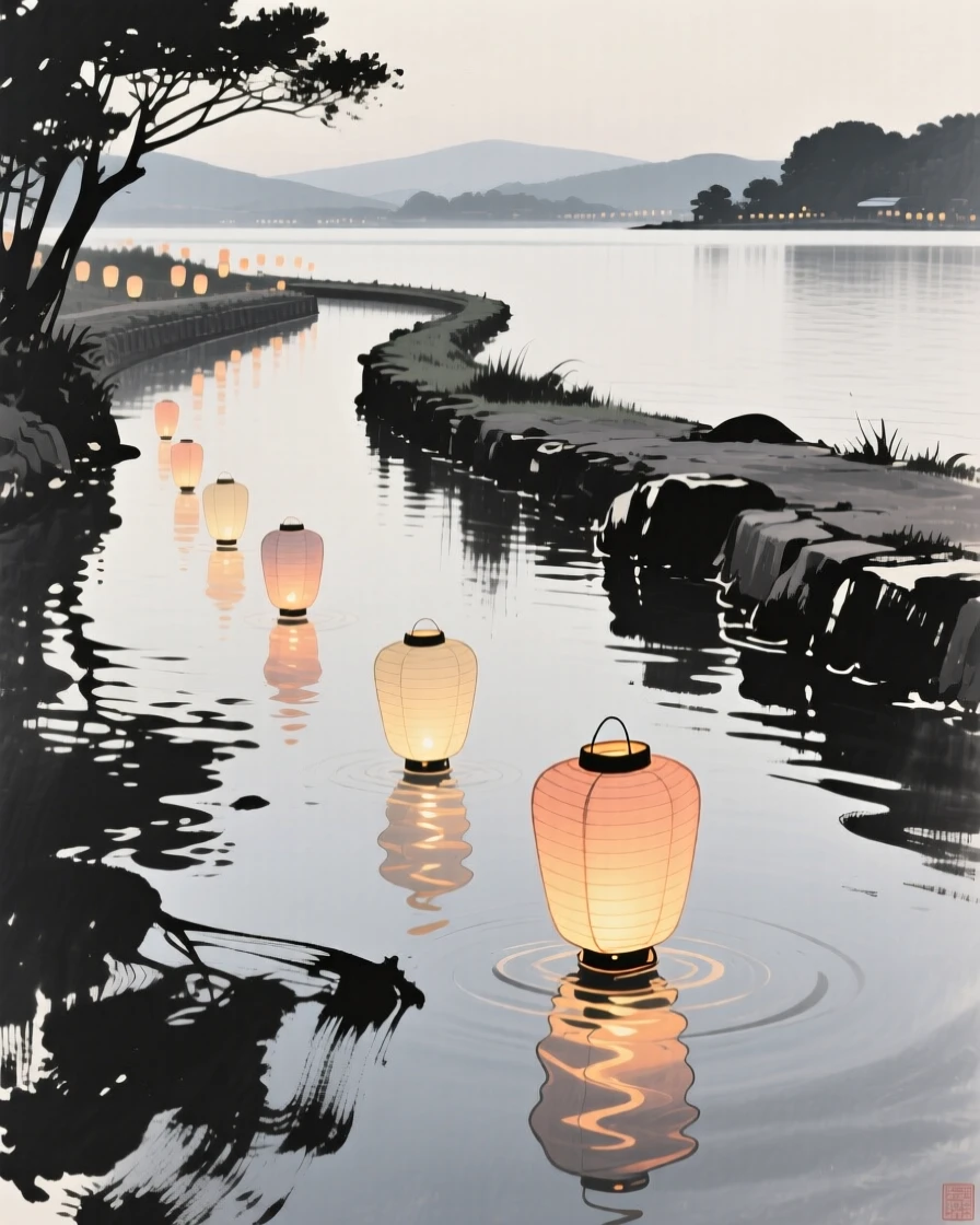 A lantern festival reflected in a still canal along the shore of a calm lake, framed to capture both intimate detail and the wider atmosphere, carrying a joyful yet peaceful atmosphere.