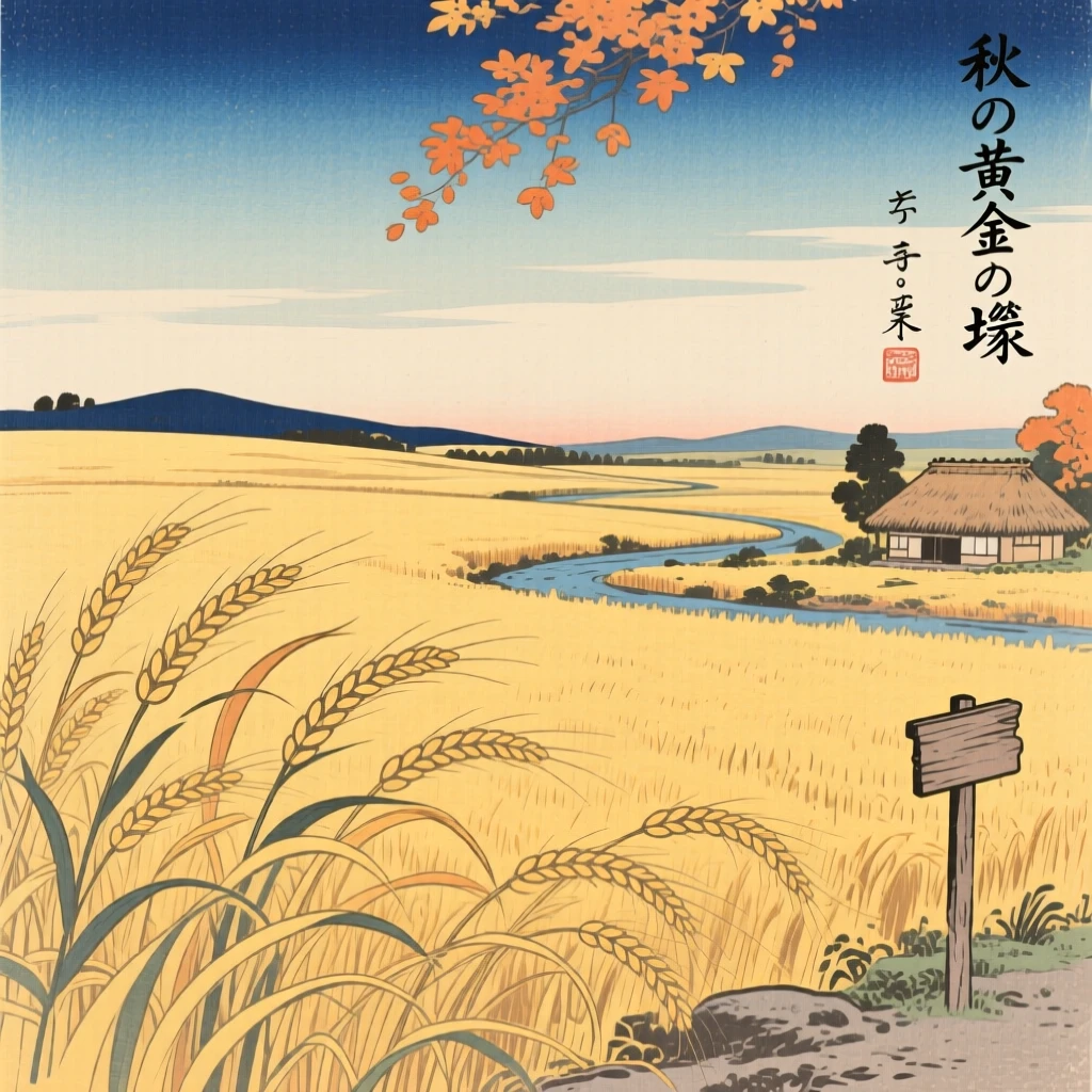 A golden wheat field swaying in the wind under a wide open autumn sky.