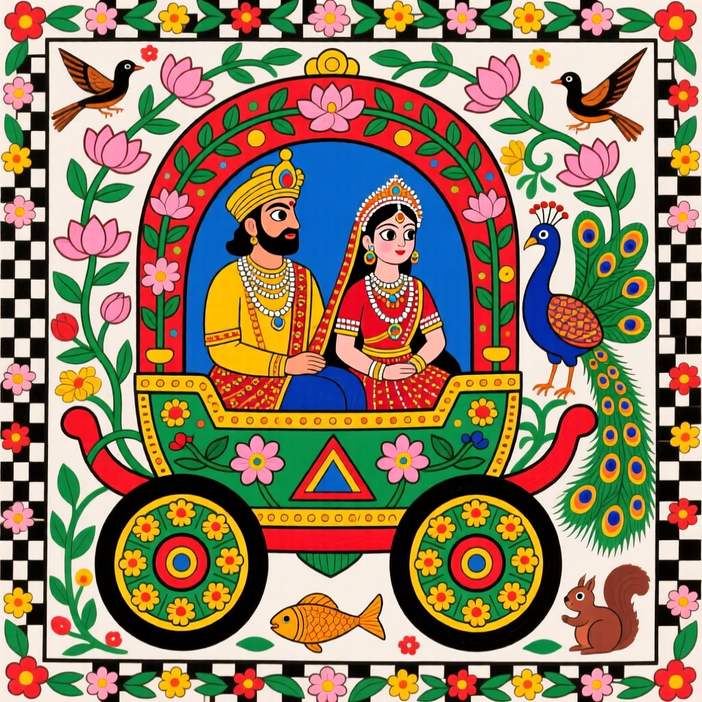 A king and queen riding together in a flower-adorned carriage.