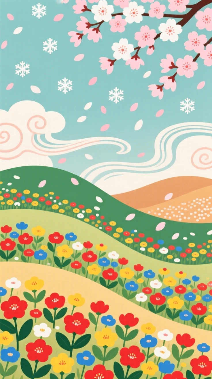 Rolling hills covered in wildflowers, as cherry blossoms fall like snow.