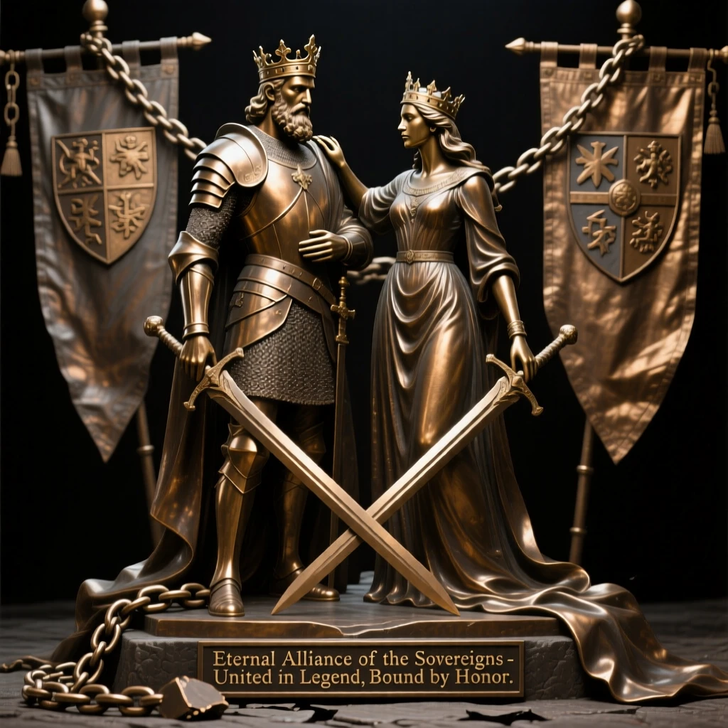 A legendary alliance formed between rival kingdoms, rendered with epic, cinematic composition, evoking legend and timeless drama