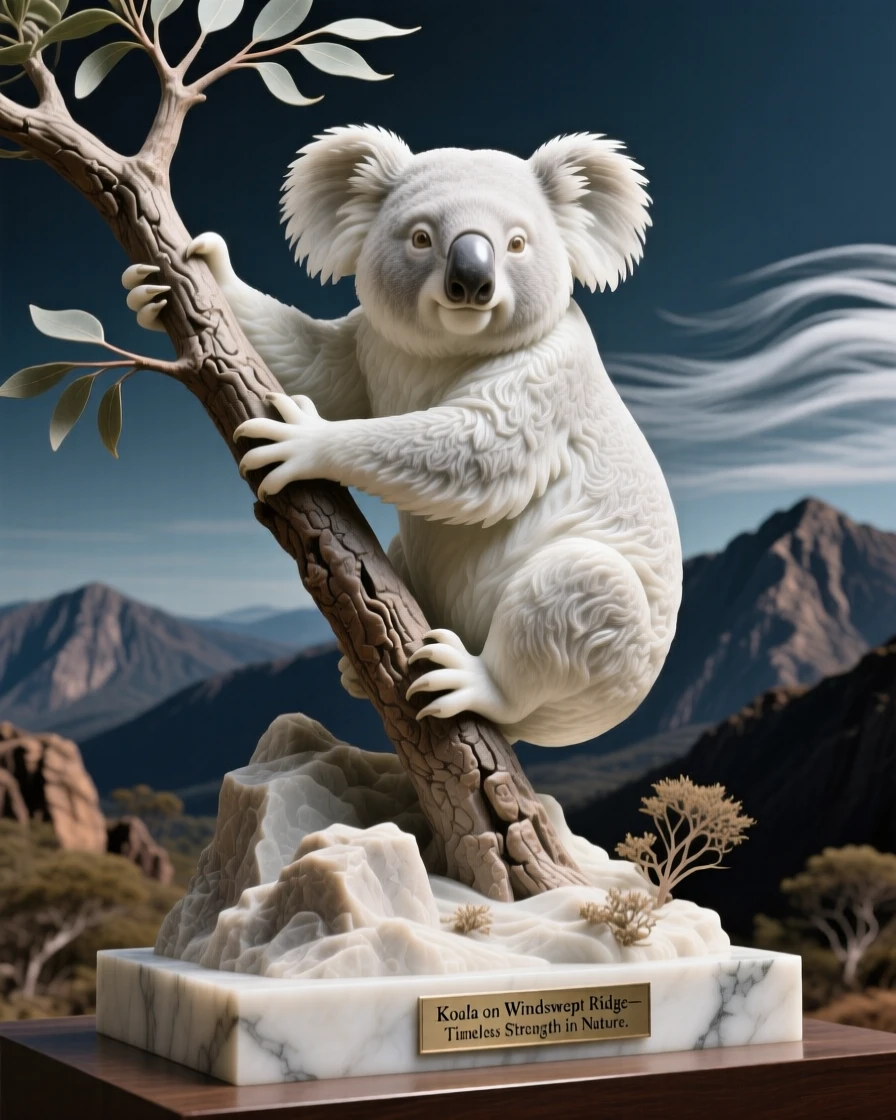 A koala clinging to a eucalyptus branch captured in a powerful, dignified pose on a windswept mountain ridge
