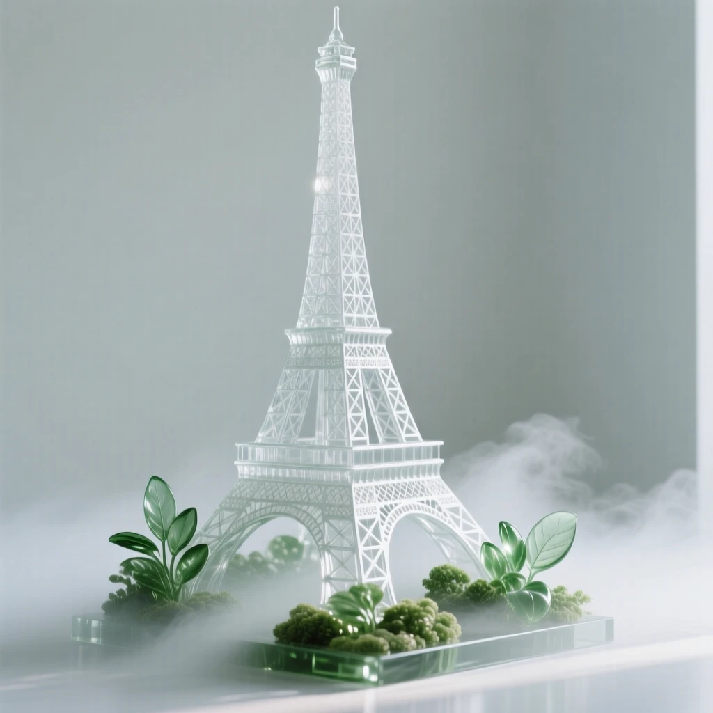 The Eiffel Tower surrounded by lush greenery and soft morning mist, wide establishing composition, feeling serene and majestic.