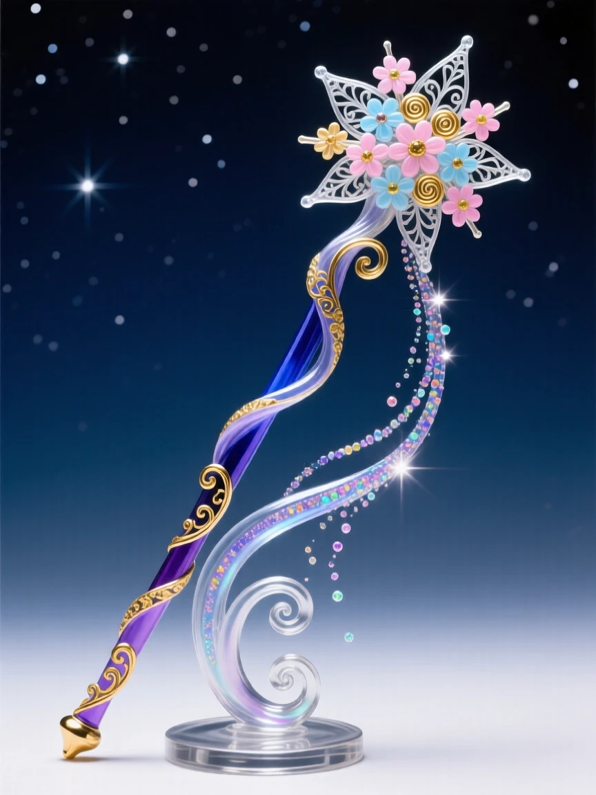 A fairy godmother's wand trailing stardust across a midnight sky, magical and whimsical.