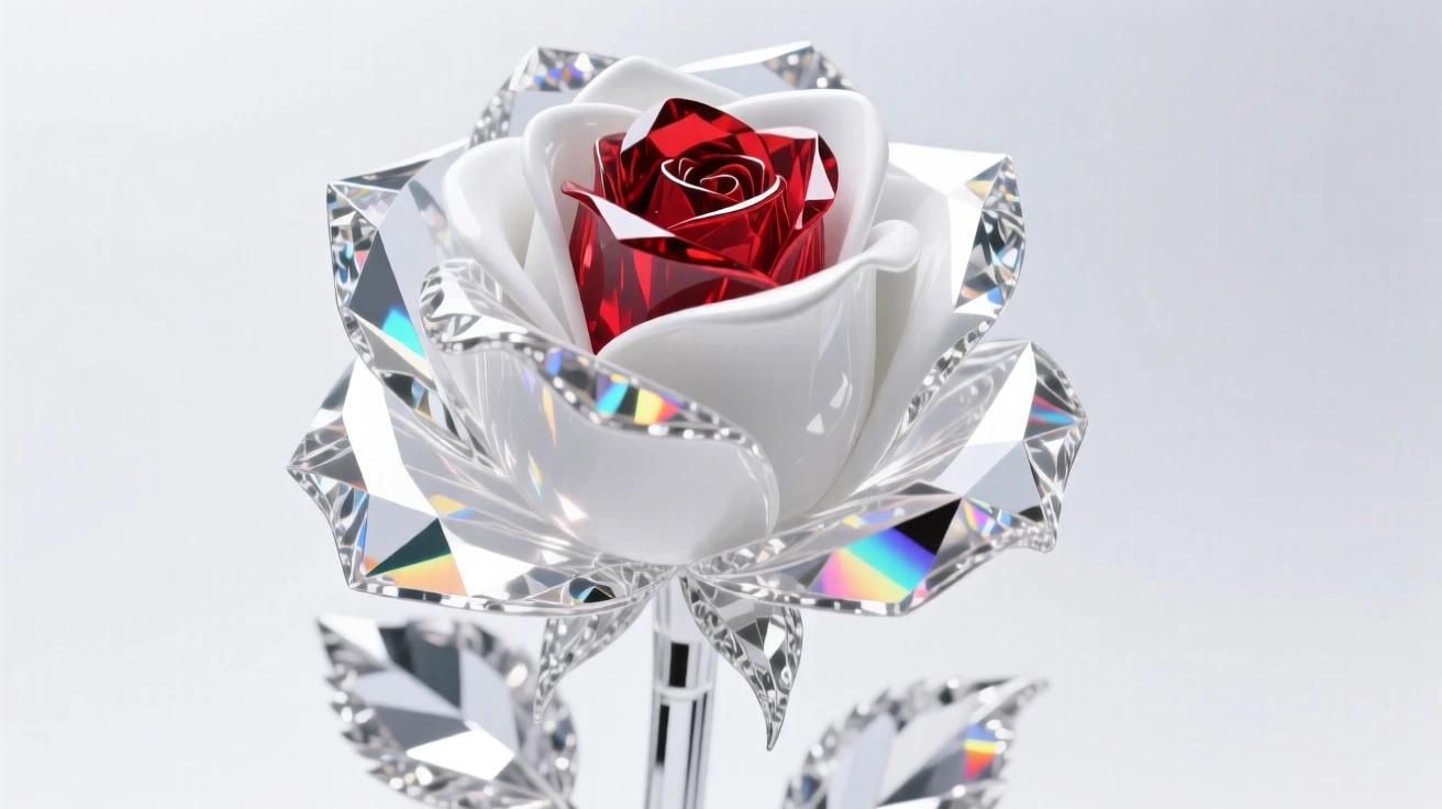 A single white rose with a single red petal among its layers, subtle and striking.