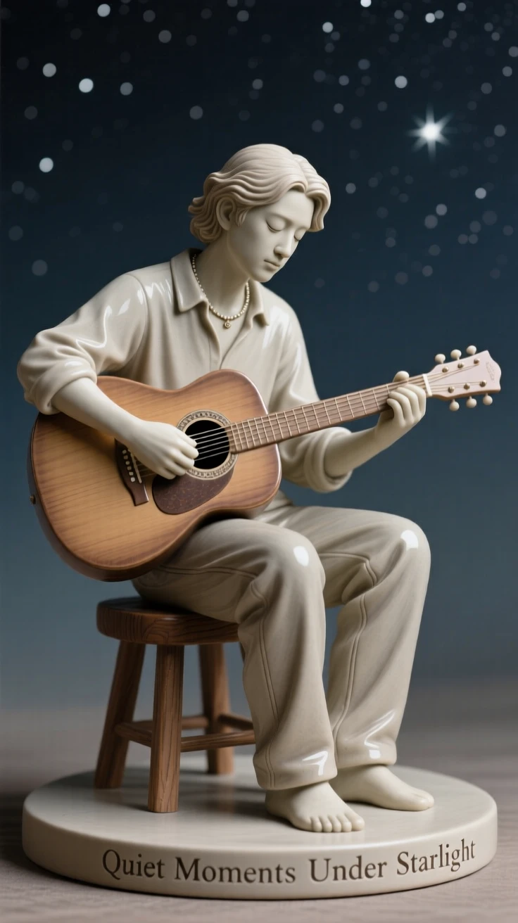 A musician strumming a guitar under starlight caught in an intimate, unguarded moment, adorned with simple, elegant ornamentation, conveying quiet dignity and timeless beauty.