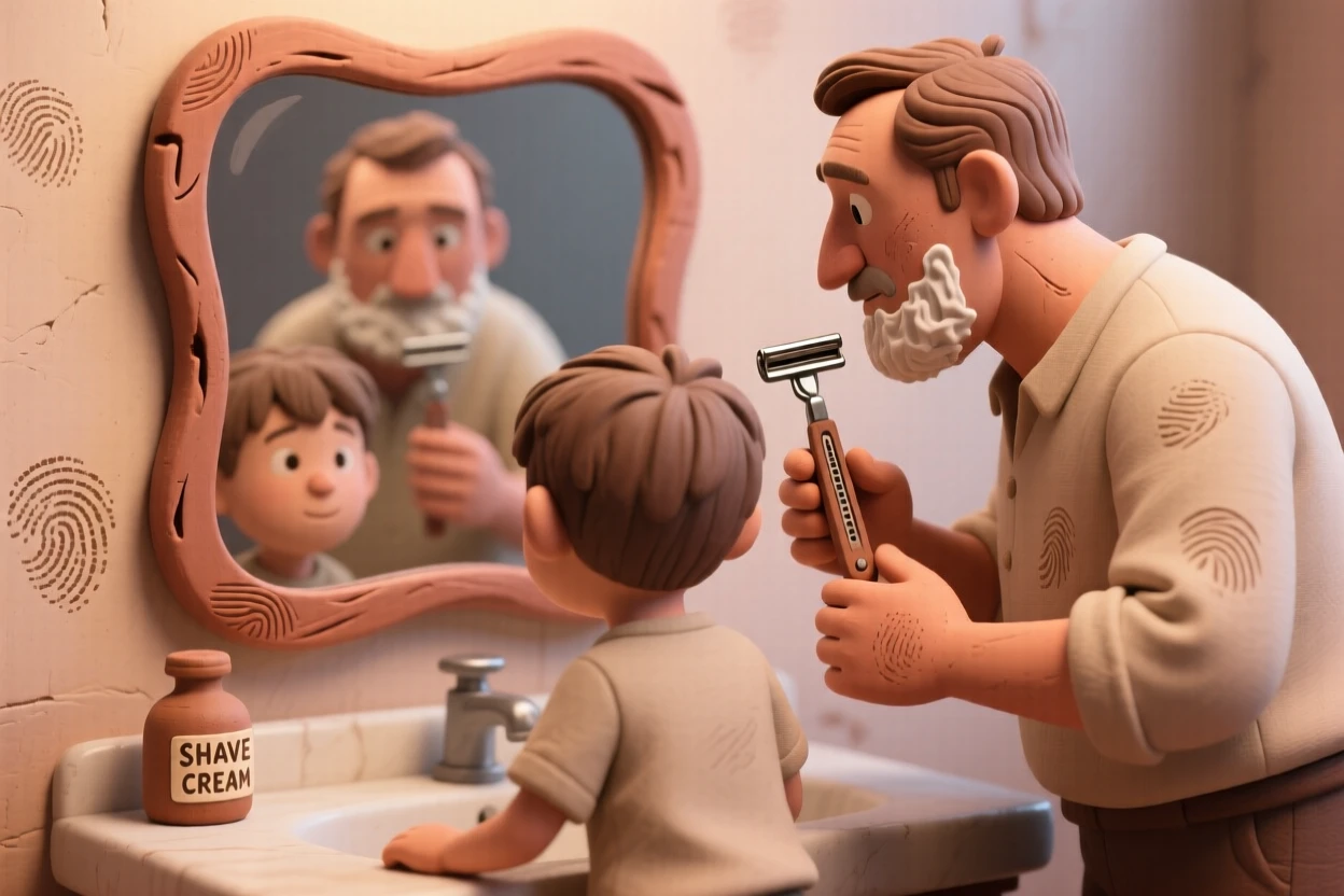 A father teaching his son to shave, both looking in the same mirror