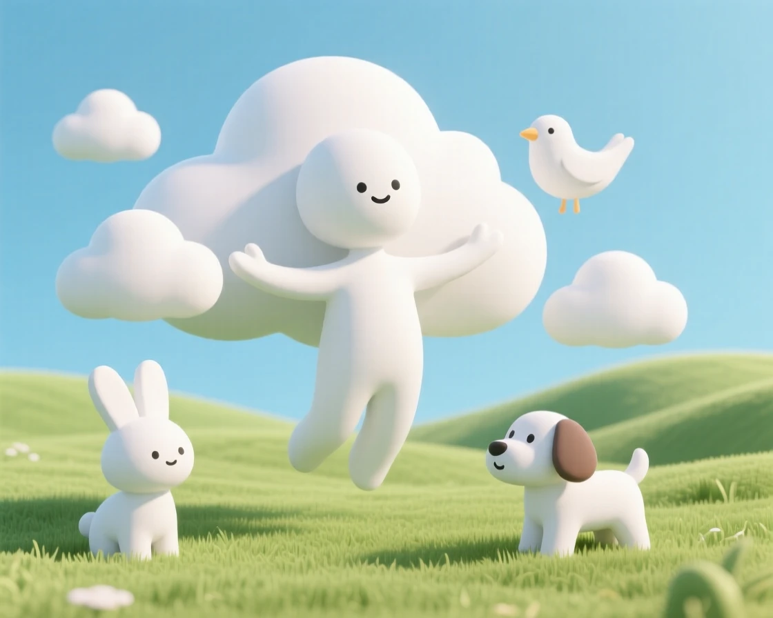 A gentle cloud spirit shapes fluffy white clouds into playful animal forms high above a sunny meadow.