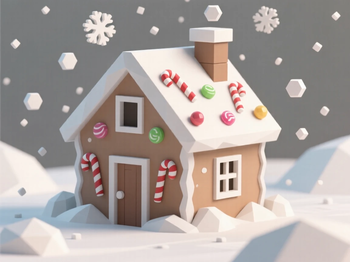 A festive gingerbread house covered in colorful candy, as snow gently falls. rich seasonal colors bring the scene to life. There is a joyful, festive energy in the air.