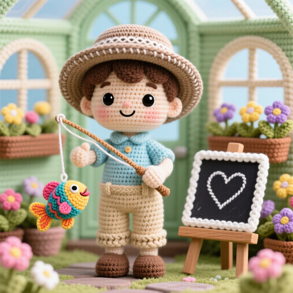 a small boy fisherman, with a wide-brimmed hat and rolled-up trousers, is captured holding up a proud catch on a fishing line in a cheerful greenhouse filled with blooming flowers beside a small chalkboard sign with a hand-drawn heart, radiating a nostalgic, storybook warmth.