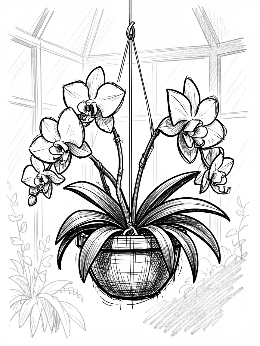 A hanging basket of orchids in a sunlit greenhouse.