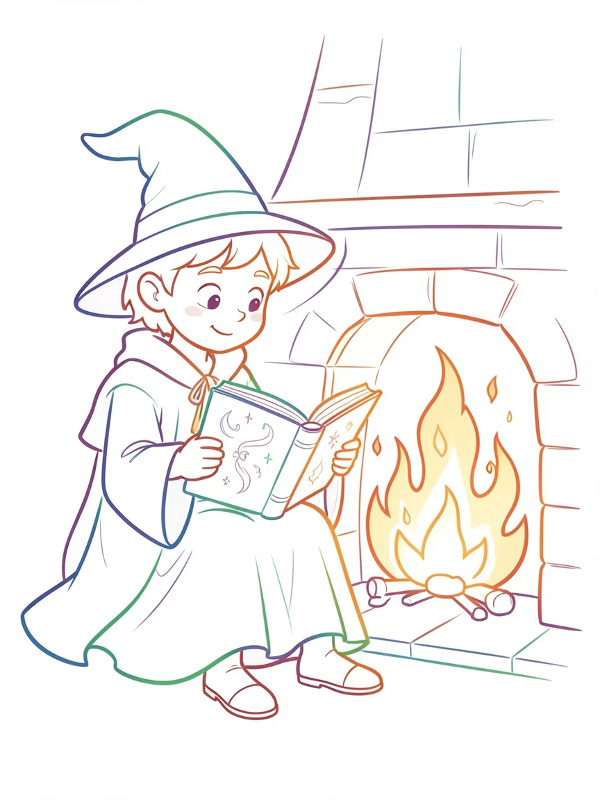 A young wizard reading a spellbook beside a crackling fireplace.